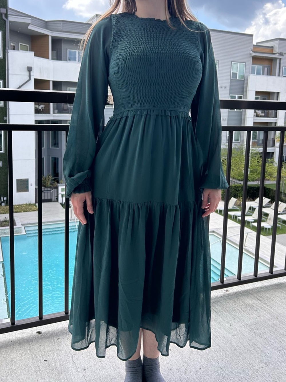 Dark Green Smocked Tiered Dress